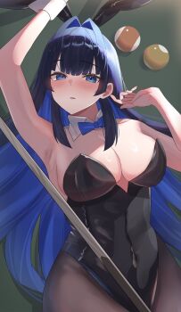 animal_ears arm_up armpits ball billiard_ball black_hair black_hat black_leotard black_pantyhose blue_eyes blunt_ends blush breasts cleavage colored_inner_hair cue_stick darufui_kh fake_animal_ears hair_intakes hand_up hat highleg highleg_leotard highres hololive hololive_english large_breasts leotard long_hair lying multicolored_hair on_back on_table ouro_kronii pantyhose parted_lips playboy_bunny pool_table rabbit_ears single_wrist_cuff strapless strapless_leotard table very_long_hair virtual_youtuber wrist_cuffs