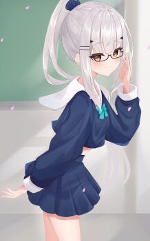  1girl black-framed_eyewear blue_bow blue_serafuku blue_shirt blue_skirt bow brown_eyes closed_mouth commentary_request crop_top fate/grand_order fate_(series) from_side glasses grey_hair hand_up high_ponytail highres indoors long_hair long_sleeves looking_at_viewer looking_to_the_side melusine_(fate) midriff petals pleated_skirt ponytail puffy_long_sleeves puffy_sleeves riya_(01214) sailor_collar school_uniform semi-rimless_eyewear serafuku shirt skirt smile solo under-rim_eyewear very_long_hair white_sailor_collar 