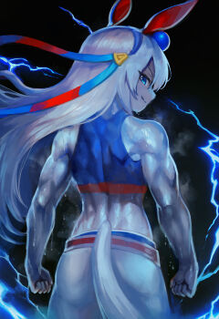  1girl animal_ears back blue_eyes blue_hairband blue_sports_bra clenched_hands closed_mouth cowboy_shot electricity from_behind hairband horse_ears horse_girl horse_tail lightning long_hair looking_at_viewer looking_back muscular muscular_female shorts smile solo sports_bra tail tamamo_cross_(umamusume) tamamo_cross_(with_lightning_speed)_(umamusume) umamusume very_long_hair white_shorts yilx 
