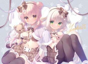  2girls :o black_pantyhose black_thighhighs blush bow braid breasts brown_eyes brown_hairband brown_skirt capelet closed_mouth commentary_request double_bun feet_out_of_frame frilled_skirt frills fur-trimmed_capelet fur_trim green_eyes grey_background hair_between_eyes hair_bow hair_bun hairband hugging_object knees_up looking_at_viewer multiple_girls navel original pantyhose parted_lips pink_hair plaid_clothes plaid_skirt pleated_skirt purple_capelet signature skirt small_breasts smile striped_bow stuffed_animal stuffed_rabbit stuffed_toy teddy_bear thighband_pantyhose thighhighs white_hair yukie_(peach_candy) 