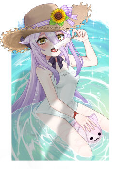 blush border breasts brown_hat commentary english_commentary food gradient_hair grey_hair hair_flaps hat hen_squad_(henya_the_genius) henya_the_genius henya_the_genius_(summer) highres holding holding_food holding_popsicle hrk_itoshi long_bangs long_hair looking_at_viewer multicolored_hair one-piece_swimsuit open_mouth popsicle purple_hair small_breasts solo straw_hat swimsuit tongue tongue_out very_long_hair virtual_youtuber vshojo wading water white_border white_one-piece_swimsuit 