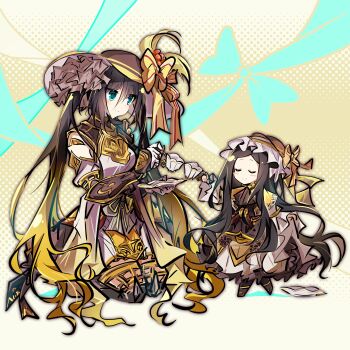  25ocoveryui 2girls absurdres bow brown_hair celtic_knot commentary_request cup doll_(ys) doll_joints dress fur_shorts green_eyes hat hat_bow highres hina_ningyou joints long_hair multiple_girls picture_hat simple_background sun_hat tea teacup whipping_hair white_dress ys ys_ix:_monstrum_nox 