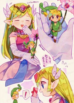  ! 1boy 1girl adversarial_noise artist_name belt black_eyes blonde_hair boots brown_belt brown_boots closed_eyes commentary_request dress elbow_gloves ezlo flower gloves green_hat green_tunic hat hetero highres holding holding_flower holding_mini_person link long_hair long_sleeves mini_person miniboy multiple_views nintendo open_mouth pants pink_dress pink_flower pointy_ears princess_zelda short_hair smile spoken_exclamation_mark the_legend_of_zelda the_legend_of_zelda:_the_minish_cap the_legend_of_zelda:_the_wind_waker tokuura toon_link toon_zelda translation_request tunic twitter_username watermark watermark_grid white_gloves white_pants 