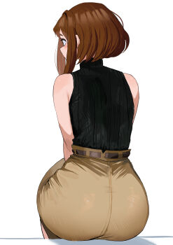  1girl absurdres ass bare_shoulders belt black_hair black_sweater boku_no_hero_academia brown_belt brown_eyes brown_hair brown_skirt commentary from_behind from_side highres revision simple_background sitting skirt sleeveless sleeveless_sweater solo sweater uraraka_ochako white_background zd_(pixiv6210083) 