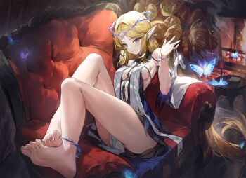  1girl bare_shoulders barefoot black_collar black_dress blonde_hair blue_butterfly blue_eyes breasts bug butterfly cartethyia_(wuthering_waves) chair closed_mouth collar commentary_request cro_(pixiv14643743) crown_of_thorns dress earrings feet fireplace hand_up high_heels highres holding holding_shoes holding_unworn_clothes indoors insect jewelry long_hair long_pointy_ears looking_at_viewer medium_breasts multiple_earrings necklace on_chair partial_commentary pointy_ears shoes sidelocks sitting_sideways soles solo tabard thighs toes unworn_shoes very_long_hair white_shoes white_tabard wuthering_waves 