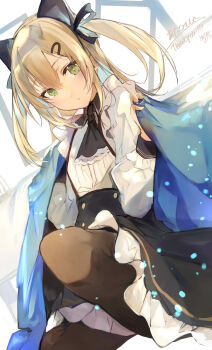  1girl absurdres animal_ear_hairband animal_ears bedroom black_pantyhose black_skirt blanket blanket_cape blonde_hair commentary_request commission double-parted_bangs dutch_angle fake_animal_ears frilled_skirt frills green_eyes hair_between_eyes hair_ornament hair_ribbon hairband hairclip high-waist_skirt highres holding holding_blanket indie_virtual_youtuber indoors kisaragi_nemu looking_at_viewer multi-source_commentary pantyhose petticoat ribbon shirt signature skeb_commission skirt solo suspender_skirt suspenders tomochi_(tmc_tmc8) two_side_up underbust white_shirt 