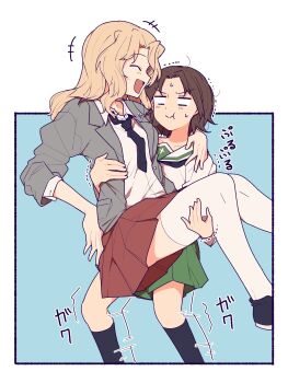  2girls absurdres black_neckerchief black_necktie black_shoes black_socks blonde_hair blouse blue_eyes brown_eyes brown_hair carrying collared_shirt dress_shirt girls_und_panzer green_skirt grey_jacket hair_intakes highres jacket kay_(girls_und_panzer) kneehighs long_hair long_sleeves multiple_girls neckerchief necktie ooarai_school_uniform parted_bangs pleated_skirt princess_carry red_skirt sailor_collar saunders_school_uniform sawa_azusa school_uniform serafuku shirt shoes short_hair skirt sneakers socks thighhighs translated white_sailor_collar white_shirt zannen_hero 