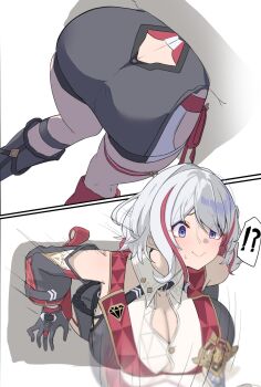  !? 1girl ass black_gloves black_shorts black_vest blue_eyes breasts butt_crack cleavage commentary_request glory_wall gloves highres honkai:_star_rail honkai_(series) large_breasts multicolored_hair multiple_girls nervous_smile red_hair shirt short_hair shorts smile stuck through_wall topaz_(honkai:_star_rail) two-tone_hair vest white_hair white_shirt ynfkin  rating:Sensitive score:0 user:danbooru