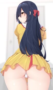  1girl agent_aika aika_(series) ass blue_hair blush bow brown_eyes delmo dress female_focus from_behind golden_delmo hair_bow hair_ornament hair_ribbon half_updo highres juliet_sleeves long_hair long_sleeves looking_at_viewer looking_back open_mouth panties pantyshot puffy_sleeves ribbon rie_petoriyacowa skirt solo thighs underwear white_panties yellow_dress yellow_skirt yukichi_(sukiyaki39)  rating:Questionable score:41 user:humaritt