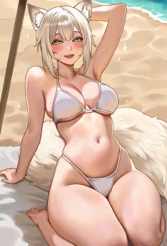  1girl :d absurdres animal_ear_fluff animal_ears arm_up armpits beach bikini blush breasts commentary day green_eyes highleg highleg_bikini highres kneeling looking_at_viewer meowrim navel open_mouth original outdoors short_hair smile solo sparkle stomach swimsuit tail thighs underboob water white_bikini white_hair  rating:Sensitive score:5 user:R1C0