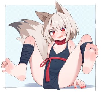  1girl animal_ears barefoot boppin fang feet fox_ears fox_girl fox_tail highres loli nail_polish nipples open_mouth original red_eyes soles solo tail toenails toes variant_set 