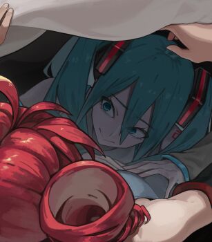  2girls absurdres antenna_hair aqua_eyes aqua_hair aqua_shirt black_dress breasts commentary_request detached_sleeves dress drill_hair hair_between_eyes hair_ornament hands_on_another's_stomach hatsune_miku highres kano33 kasane_teto long_hair multiple_girls red_hair shirt short_hair small_breasts twin_drills under_covers utau vocaloid yuri 