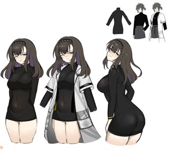  1girl ;) ;p absurdres alternate_breast_size_(larger) alternate_costume arknights ass black_dress black_hairband breasts brown_hair closed_mouth colored_inner_hair commentary covered_navel cropped_legs dr.deims_(dim5s) dress hair_between_eyes hairband highres lab_coat large_breasts long_hair looking_at_viewer multicolored_hair multiple_views one_eye_closed priestess_(arknights) purple_eyes purple_hair short_dress simple_background skin_tight smile standing sweater sweater_dress tongue tongue_out turtleneck turtleneck_dress unfinished white_background 