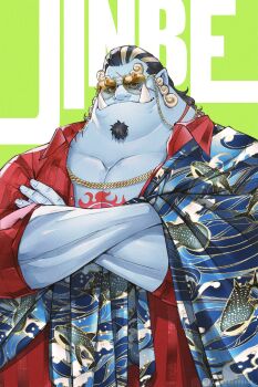  1boy blue_skin chain character_name colored_skin crossed_arms facial_hair goatee green_background hair_slicked_back highres instagram_username jinbe_(one_piece) male_focus one_piece scar scar_on_face simple_background smile solo sunglasses tusks upper_body wandzardeen 