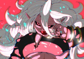 1girl android_21 bare_shoulders black_sclera black_sleeves black_tube_top blurry blurry_background breasts colored_sclera colored_skin detached_sleeves dragon_ball dragon_ball_fighterz earrings grey_hair highres hoop_earrings jewelry large_breasts long_hair majin_android_21 pink_skin pointy_ears red_background red_eyes solo stktik09060906 strapless tongue tongue_out tube_top upper_body 