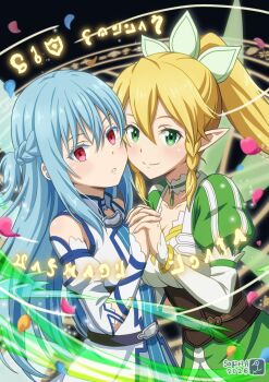  1girl 1other abstract_background androgynous asukamama89 asuna_(sao) asuna_(sao-alo) asuna_(sao-alo)_(cosplay) bare_shoulders blonde_hair blue_hair blue_trim braid breasts brown_corset cleavage collar commentary_request corset cosplay detached_sleeves dress elf fairy fairy_wings falling_petals green_dress green_eyes green_wings hair_between_eyes hair_ornament half_up_braid highres holding_hands interlocked_fingers leafa_(sao) long_hair looking_at_viewer magic_circle medium_breasts multiple_wings open_mouth other_with_female petals pointy_ears ponytail red_eyes rimuru_tempest smile sword_art_online tensei_shitara_slime_datta_ken transparent_wings wings 