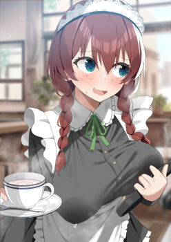  1girl apron blue_eyes blush braid breasts collar commentary_request cup emma_verde freckles frilled_collar frilled_ribbon frills green_ribbon holding holding_cup lactation lactation_through_clothes large_breasts long_hair looking_to_the_side love_live! love_live!_nijigasaki_high_school_idol_club maid maid_apron maid_headdress neck_ribbon open_mouth red_hair ribbon sasanon_(sasapoliton) smile solo solo_focus sweatdrop teacup twin_braids 