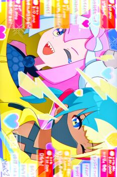  2girls aqua_hair bandeau black_mask blonde_hair blue_eyes blue_hair bow-shaped_hair canari_(pokemon) character_hair_ornament chat_log commentary_request criss-cross_halter criss-cross_straps dark-skinned_female dark_skin fake_hair_bun gen_1_pokemon hair_ornament halter_shirt halterneck hexagon_print highres iono_(pokemon) jacket long_hair magnemite mask mouth_mask multicolored_hair multiple_girls nintendo one_eye_closed open_mouth peton_right pink_hair pokemon pokemon_legends:_z-a pokemon_sv sharp_teeth short_twintails sideways sleeves_past_fingers sleeves_past_wrists smile split-color_hair teeth trait_connection translation_request twintails two-tone_mask upper_body x_(symbol) yellow_bandeau yellow_jacket yellow_mask 