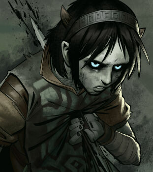  1boy angusburgers black_blood black_hair black_sclera blood blue_eyes colored_sclera colored_skin corruption glowing glowing_eyes headband highres holding holding_sword holding_weapon horns male_focus parted_lips possessed self-harm shadow_of_the_colossus short_hair solo stab sword wander_(shadow_of_the_colossus) weapon white_skin 