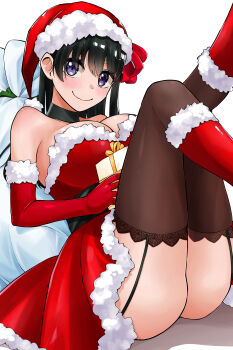  1girl absurdres bare_shoulders black_choker black_garter_straps black_hair boots breasts brown_thighhighs choker christmas cleavage closed_mouth commentary_request dress elbow_gloves fur-trimmed_boots fur-trimmed_dress fur-trimmed_gloves fur_trim garter_straps gift gloves hajimete_no_ojou-sama hat highres holding holding_gift lace lace-trimmed_thighhighs lace_trim large_breasts legs_up long_hair looking_at_viewer ojou_kotone orange_lili purple_eyes red_boots red_dress red_gloves red_hat sack santa_costume santa_dress santa_hat simple_background sitting smile solo strapless strapless_dress thighhighs white_background 