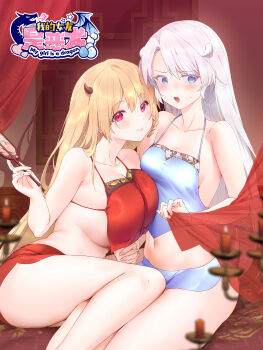  2girls asymmetrical_docking blonde_hair blue_eyes blush book breast_press breasts chinese_clothes chinese_text collarbone commentary_request copyright_name dress dudou english_text hand_fan highres holding horns indoors large_breasts li_zhiheng long_hair looking_at_viewer mixed-language_text multiple_girls navel open_mouth original red_eyes sleeveless small_horns smile sweatdrop thighs tuanshan very_long_hair white_hair 