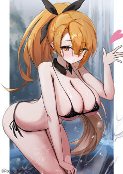  1girl absurdres asagiri_rey azur_lane bikini black_bikini black_bow bow breasts cleavage covered_erect_nipples detached_collar genderswap hair_bow heart high_ponytail highres huge_breasts light_blush long_hair looking_at_viewer morrison_(azur_lane) morrison_(technology_or_ninjutsu)_(azur_lane) official_alternate_costume orange_eyes orange_hair ponytail sexy_no_jutsu side-tie_bikini_bottom solo swimsuit twitter_username water 