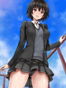  1girl amagami black_hair black_jacket black_one-piece_swimsuit blue_sky breasts cloud collared_shirt commentary_request competition_swimsuit day grey_sweater_vest hand_on_railing highres jacket kibito_high_school_uniform large_breasts large_variant_set long_sleeves looking_at_viewer nanasaki_ai one-piece_swimsuit outdoors pleated_skirt r-binon railing school_uniform shirt short_hair skirt sky solo standing sweater_vest swimsuit swimsuit_under_clothes thighs variant_set white_shirt 