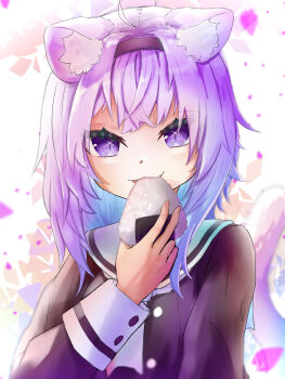  1girl absurdres ahoge animal_ear_fluff animal_ears black_shirt blue_hair cat_ears cat_girl cat_tail colored_inner_hair commentary_request food highres hololive medium_hair multicolored_hair nekomata_okayu nekomata_okayu_(school_uniform) official_alternate_costume onigiri open_mouth purple_eyes purple_hair sailor_collar shirt smile solo tail u_da_desu virtual_youtuber white_sailor_collar 