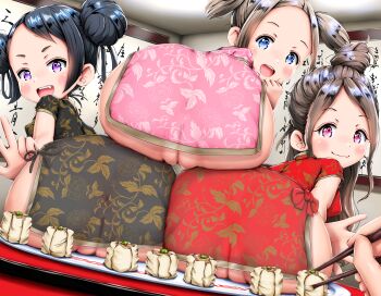  1boy 3girls ass black_hair blush breasts censored china_dress chinese_clothes chopsticks cleft_of_venus dress fat_mons food foreshortening from_behind higeepon highres loli looking_back multiple_girls naughty_face no_panties plump pov pussy pussy_peek restaurant see-through_clothes small_breasts smile sushi tagme thighs third-party_edit v 
