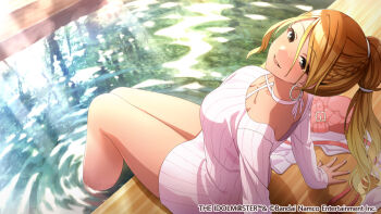  1girl ashiyu bag black_eyes blonde_hair blush breasts cleavage copyright_logo dark-skinned_female dark_skin dress earrings english_text from_side full_body gradient_hair gyaru hair_between_eyes idolmaster idolmaster_shiny_colors izumi_mei jewelry large_breasts leaning_back logo long_hair long_sleeves looking_at_viewer multicolored_hair official_art open_hand open_mouth outdoors parted_lips pink_bag pink_dress ponytail shoulder_bag sidelocks sitting smile soaking_feet solo spread_fingers tan thighs very_long_hair water 