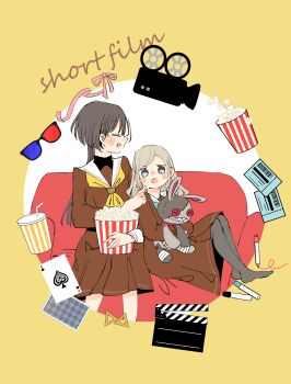  2girls 3d_glasses :o absurdres ace_(playing_card) ace_of_spades black_hair black_pantyhose blue_eyes border brown_dress card ceras_yanagida_lilienfeld commentary_request couch dress edel_note english_text feeding food full_body grey_hair hair_ornament hair_ribbon hasu_no_sora_school_uniform highres hugging_doll hugging_object jellyfish_cut kase_(ks_lys) katsuragi_izumi leaning_back leaning_on_person link!_like!_love_live! long_hair long_sleeves love_live! marker movie_projector multicolored_dress multiple_girls neckerchief no_shoes on_couch open_mouth pantyhose pink_ribbon playing_card pleated_dress popcorn ribbon round_image sailor_collar sailor_dress school_uniform sitting spade_(shape) stuffed_animal stuffed_rabbit stuffed_toy ticket triangle_hair_ornament turtleneck virtual_youtuber white_sailor_collar winter_uniform yellow_border yellow_neckerchief 
