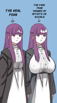  2girls :t alternate_breast_size_(larger) arrow_(symbol) black_coat blue_background blunt_bangs breasts coat commentary covered_erect_nipples dress dual_persona english_commentary english_text fern_(sousou_no_frieren) highres huge_breasts impossible_clothes long_sleeves multiple_girls open_clothes open_coat pout purple_eyes purple_hair shinsaku_(stan-art) simple_background smile sousou_no_frieren standing typo upper_body white_dress 