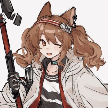  1girl :d angelina_(arknights) animal_ears arknights black_collar black_gloves black_shirt brown_hair coat collar commentary dot_nose earpiece fox_ears fox_girl gloves hairband holding holding_staff infection_monitor_(arknights) jacket light_blush long_sidelocks long_sleeves looking_at_viewer medium_hair one_eye_closed open_clothes open_coat open_jacket open_mouth red_eyes red_hairband red_jacket shirt sidelocks simple_background sketch smile solo staff striped_clothes striped_hairband symbol-only_commentary twintails two-tone_hairband white_background white_coat yui_0437 