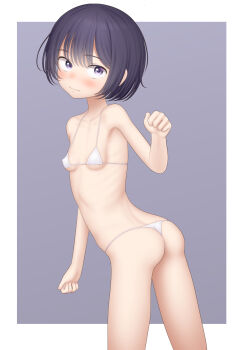 1girl absurdres ass bikini black_hair blush breasts clenched_hands closed_mouth cowboy_shot female_focus highres micro_bikini original paid_reward_available purple_eyes ribs sc_naru short_hair small_breasts solo swimsuit thighs white_bikini 