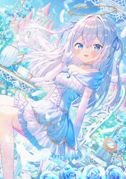  1girl :d blue_dress blue_eyes blue_flower blue_ribbon blue_rose blue_sky blush breasts castle chair cleavage cloud commentary_request cup day dress elbow_gloves feathered_wings feet_out_of_frame flower gloves grey_hair hair_between_eyes hair_intakes hair_ribbon halo hand_up highres hiuzawa_reira ikari_(aor3507) indie_virtual_youtuber long_hair looking_at_viewer mini_wings official_art on_chair open_mouth outdoors ribbon rose saucer sitting sky small_breasts smile solo table teacup teapot two_side_up very_long_hair virtual_youtuber white_gloves white_wings wings 
