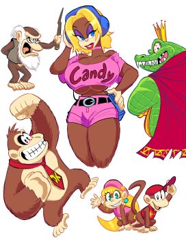  2girls 4boys baseball_cap belt beret blonde_hair blue_eyes breasts candy_kong cane cape cassette_player choker cranky_kong cropped_legs crown diddy_kong dixie_kong donkey_kong donkey_kong_(series) donkey_kong_64 donkey_kong_bananza donkey_kong_country eyeshadow full_body furry furry_female glasses grin half-closed_eyes hat headphones huge_breasts king_k._rool lipstick long_hair looking_at_viewer makeup multiple_boys multiple_girls necktie nintendo open_mouth ponytail red_lips shorts smile sweater tank_top theguywhodrawsalot tongue waving white_background 