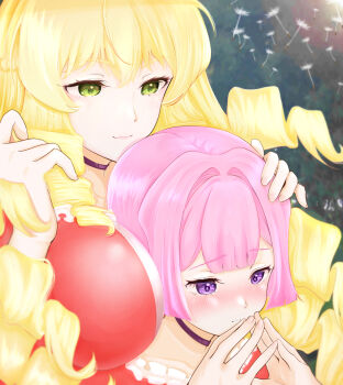  2girls akuyaku_reijou_tensei_ojisan anna_doll between_breasts blonde_hair blush breasts choker closed_mouth drill_hair eyebrows_hidden_by_hair fidgeting full-face_blush grace_auvergne green_eyes head_between_breasts headpat highres hug jacket large_breasts lips long_hair looking_at_viewer minori-tei multiple_girls pink_hair playing_with_own_hair purple_choker purple_eyes red_jacket smile upper_body very_long_hair wavy_mouth yuri 