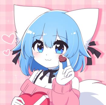  1girl :3 animal_ears bare_shoulders black_ribbon blue_eyes blue_hair blush box box_of_chocolates breasts candy chocolate chocolate_heart cleavage closed_mouth collarbone commentary dot_nose double-parted_bangs drop_shadow english_commentary food frilled_straps frills furry furry_female hair_between_eyes hair_ribbon hand_up heart heart-shaped_box heart-shaped_food heart_in_eye highres holding holding_box holding_chocolate holding_food indie_virtual_youtuber long_sleeves looking_at_viewer neck_ribbon off-shoulder_sweater off_shoulder pink_background pink_box pink_sweater pink_theme plaid_background portrait ribbon short_hair smile solo sweater symbol_in_eye tail valentine virtual_youtuber white_fur white_tail wolf_ears wolf_girl wolf_tail wolfychu wolfychu_(artist) 