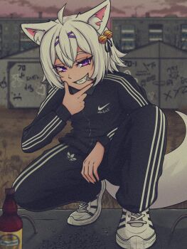  1girl adidas ahoge animal_ear_fluff animal_ears bottle cat_girl double-parted_bangs eyelashes filian_(vtuber) film_grain gopnik graffiti grin hair_ornament hand_on_own_chin hashtag-only_commentary highres jacket l_hand looking_at_viewer open_mouth outdoors pants purple_eyes sharp_teeth shoes short_hair smile sneakers solo squatting tail teeth track_jacket track_pants track_suit white_hair white_shoes woofwoof2 x_hair_ornament 