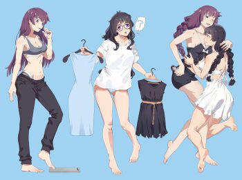  2girls absurdres between_breasts black_dress black_hair blue_background braid breasts cleavage clothes_hanger commentary dress face_between_breasts firstdayiyui full_body hanekawa_tsubasa head_between_breasts highleg highleg_panties highres holding holding_clothes_hanger large_breasts long_hair medium_breasts monogatari_(series) multiple_girls one_eye_closed open_mouth panties pants purple_hair senjougahara_hitagi simple_background speech_bubble sports_bra sportswear twin_braids twintails underwear untranslatable_commentary white_dress yuri 