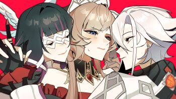  3girls arlecchino_(genshin_impact) bare_shoulders black_collar black_eyes black_hair black_hands black_sleeves black_streaks blue_eyes blush bonnet botassium breasts brown_hair closed_eyes closed_mouth coat collar colored_extremities columbina_(genshin_impact) commentary detached_collar detached_sleeves dress earrings english_commentary eye_contact eye_mask fingernail_gloves genshin_impact gloves hair_between_eyes hair_ornament hair_ribbon head_wings headdress highres holding_hands interlocked_fingers jewelry long_hair long_sidelocks long_sleeves looking_at_another mask multicolored_hair multiple_girls multiple_wings purple_hair purple_streaks pyro_symbol_(genshin_impact) red_background red_pupils ribbon sandrone_(genshin_impact) see-through_clothes see-through_mask short_hair short_hair_with_long_locks sidelocks simple_background smile streaked_hair symbol-shaped_pupils two-tone_hair vision_(genshin_impact) white_coat white_hair white_headdress white_mask white_wings wing_hair_ornament wings x-shaped_eyewear x-shaped_pupils 