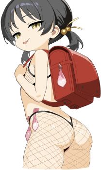  1girl :p ass backpack bag black_hair blush condom fishnet_pantyhose fishnet_top fishnets hair_ornament highres kaai_yuki kitcat828 loli looking_at_viewer mesugaki navel pantyhose randoseru short_twintails simple_background smile solo standing thighs thong tongue tongue_out twintails underwear used_condom vocaloid white_background yellow_eyes 