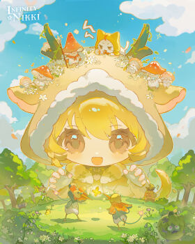  1girl ? absurdres animal animal_ear_hood animal_ears animal_on_head artist_request blonde_hair blue_sky bow bowtie brown_arm_warmers brown_cloak brown_eyes brown_shirt cat chibi claw_pose cloak clothed_animal cloud commentary copyright_logo creature_on_head day ear_covers english_commentary esseling_(infinity_nikki) eyelashes fake_animal_ears fake_antlers fake_tail fingerless_gloves forest forest_folk_(infinity_nikki) fur-trimmed_hood fur_arm_warmers fur_trim giant giantess gloves hair_between_eyes highres holding holding_megaphone hood hood_up hooded_cloak infinity_nikki light_blush light_particles logo lying megaphone momo_(nikki) mushroom musical_note nature nikki_(series) official_art on_head on_stomach open_mouth outdoors petals red_bow red_bowtie second-party_source shirt short_hair shout_lines shouting shroomling_(infinity_nikki) sky smile sparkle tail tareme traditional_bowtie upper_body white_cat white_gloves yellow_cloak 