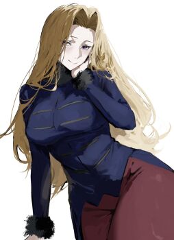  1girl blonde_hair blue_coat closed_mouth coat commentary_request fur-trimmed_coat fur_collar fur_trim highres long_hair methode_(sousou_no_frieren) pants purple_eyes raberu_ruru red_pants simple_background smile sousou_no_frieren upper_body white_background 