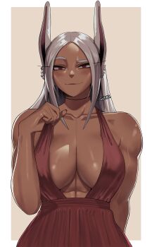  1girl abs animal_ears arm_behind_back biting_own_lip blush boku_no_hero_academia border breasts collarbone dark-skinned_female dark_skin dress grey_hair gud0c highres large_breasts long_eyelashes long_hair mirko muscular muscular_female no_bra outside_border paid_reward_available parted_hair rabbit_ears rabbit_girl raised_eyebrow red_dress solo standing strapless strapless_dress sundress white_border  rating:Sensitive score:129 user:danbooru