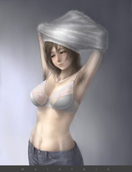  1girl armpit_hair armpits arms_up artist_request blush bra breasts brown_hair cleavage female_focus female_pubic_hair lingerie navel_hair pubic_hair solo underwear undressing  rating:Questionable score:45 user:danbooru