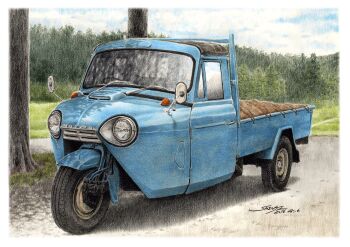  autocycle blue_car border car colored_pencil_(medium) commentary_request dated day highres mazda mazda_t2000 motor_vehicle no_humans original outdoors pickup_truck shin_iroenpitsu signature three-wheeler traditional_media tree truck white_border 
