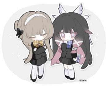  2girls =_= alternate_costume black_collar black_hair black_jacket black_sleeves blazer blush bow bowtie brown_hair chibi chibi_only closed_mouth collar columbina_(genshin_impact) crossed_arms feiye_(feiye_fp) frown genshin_impact hair_bow hair_bun hair_ornament hairband head_wings highres holding_hands jacket kneehighs lapels long_hair long_sidelocks long_sleeves looking_at_viewer multicolored_hair multiple_girls multiple_wings open_mouth pantyhose pleated_skirt purple_eyes purple_hair purple_streaks sandrone_(genshin_impact) school_uniform short_hair short_hair_with_long_locks sidelocks simple_background skirt smile socks streaked_hair triangle_mouth twitter_username two-tone_hair unusually_open_eyes very_long_hair white_background white_hairband white_wings wing_hair_ornament wings 