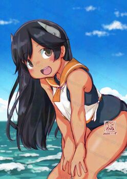  1girl artist_logo black_hair black_one-piece_swimsuit blue_sky brown_eyes cloud commentary_request dark-skinned_female dark_skin dated day feet_out_of_frame hands_on_own_thighs headgear highres horizon i-400_(kancolle) kantai_collection kutone_shirika leaning_forward logo long_hair neckerchief ocean old_school_swimsuit one-piece_swimsuit open_mouth orange_neckerchief orange_sailor_collar outdoors round_teeth sailor_collar school_swimsuit shirt side-tie_shirt sky sleeveless sleeveless_shirt smile solo swimsuit swimsuit_under_clothes tan teeth upper_teeth_only watermark 