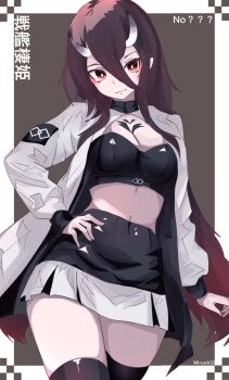  1girl abyssal_ship battleship_princess black_hair breasts cleavage clothing_cutout colored_skin hand_on_own_hip highres horns kantai_collection long_hair long_sleeves miron_(mirona33) navel orange_eyes pale_skin race_queen skirt solo thighhighs white_skin zettai_ryouiki 